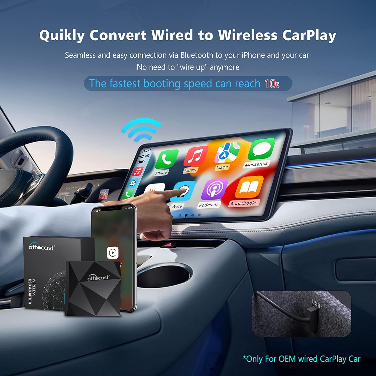 Ottocast U2 Air Wireless Carplay Adapter 2024   Apple Carplay Wireless Adapter Convert Wired To Wireless Plug & Play Dongle 5Ghz